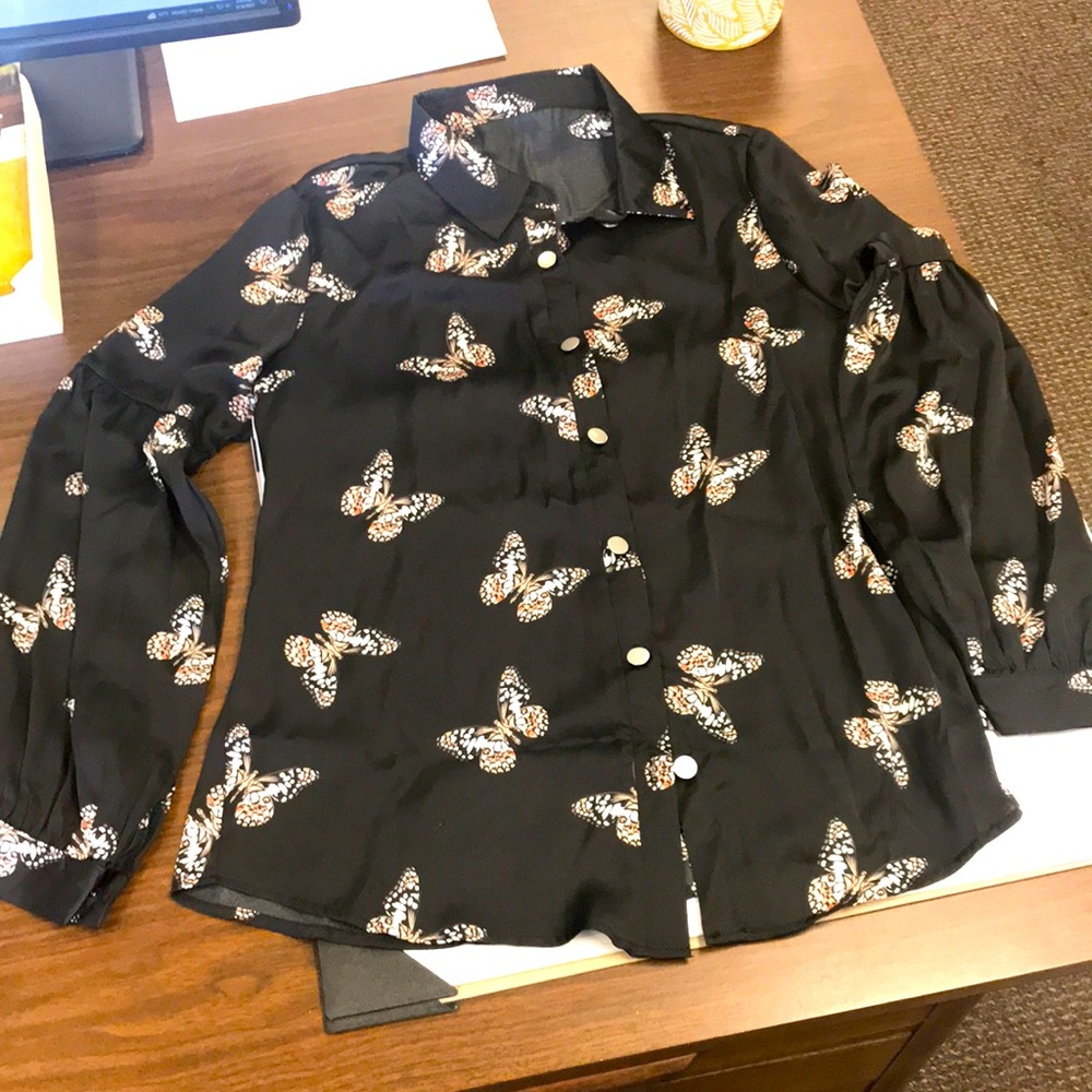 Butterfly print button up collared shirt.
